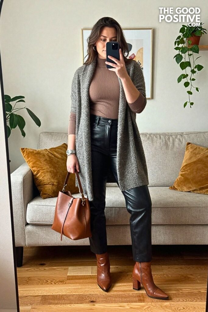 Shawl Collar Cardigan With Faux Leather Trousers