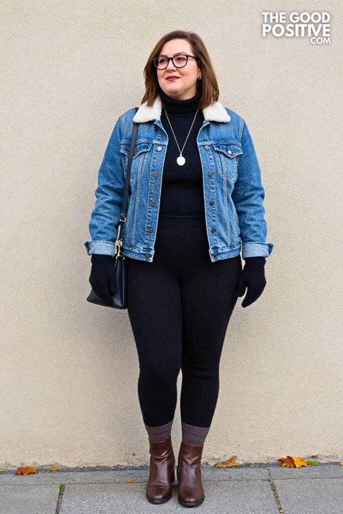 Sherpa Collar Denim Jacket with Knit Culottes and Ankle Boots