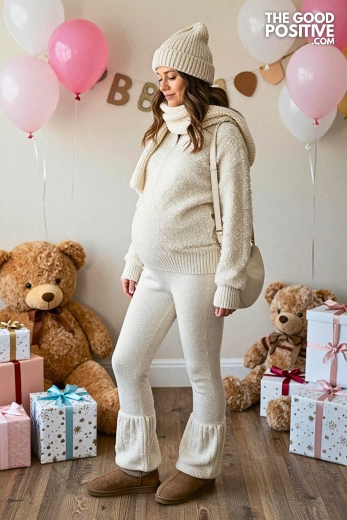 Sherpa Half-Zip Pullover with Knit Flare Pants and Ugg-Style Boots