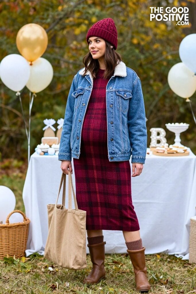 Sherpa-Lined Denim Jacket with Plaid Knit Dress and Duck Boots