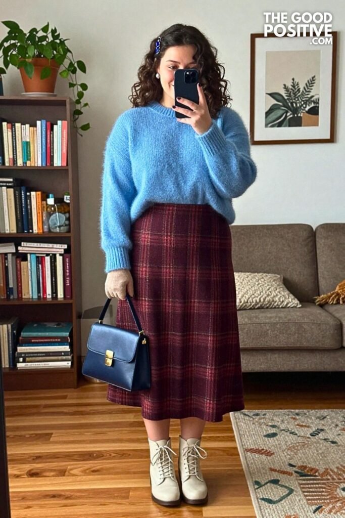 Sky Blue Mohair Sweater with Wine Check Midi Skirt