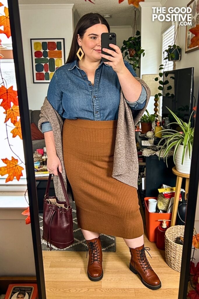 Slate Blue Denim Shirt with Caramel Knit Maxi Skirt