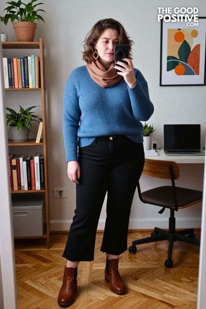 Slate Blue Tunic Sweater with Cropped Flare Trousers and Chelsea Boots