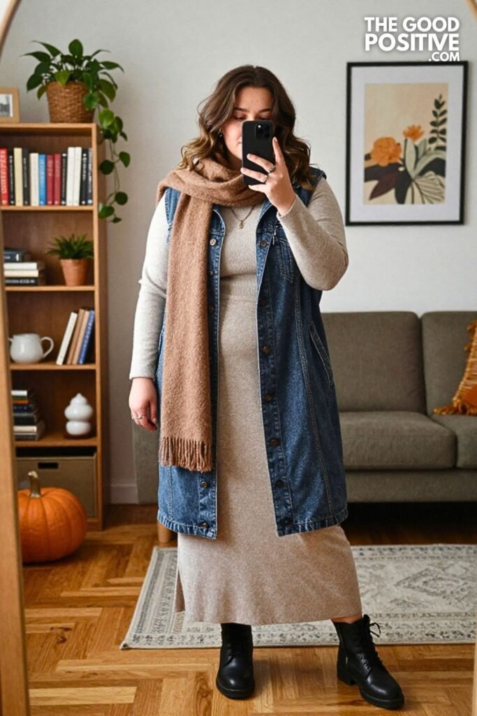 Slate Denim Chore Coat with Knit Maxi Dress and Engineer Boots