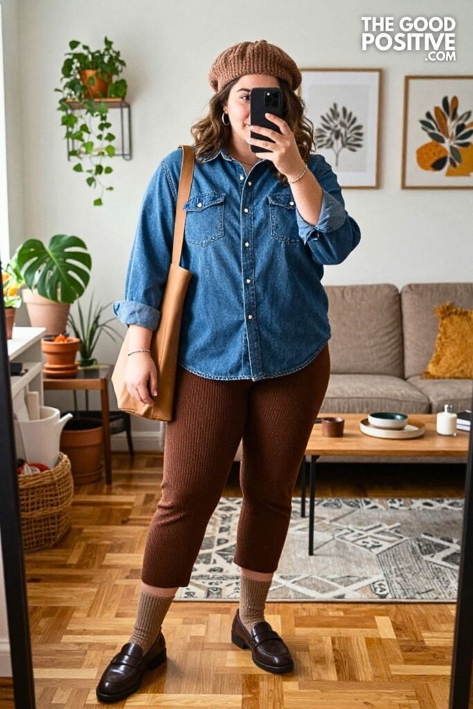 Slate Denim Shirt with Cocoa Knit Culottes