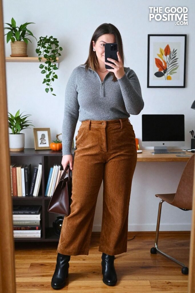 Slate Gray Zip Knit with Walnut Wide-Leg Corduroy Pants