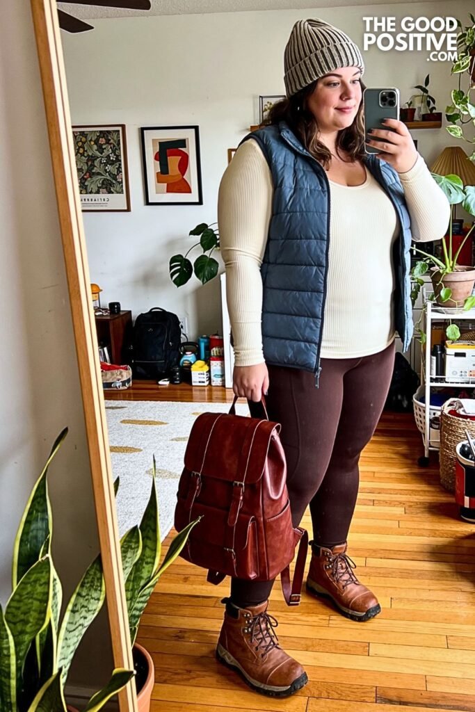 Smoke Blue Quilted Vest with Espresso Leggings