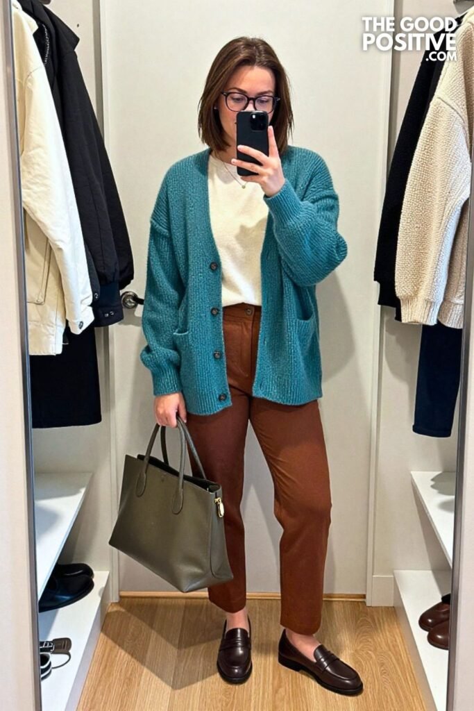 Smoky Teal Cardigan with Cinnamon Straight-Leg Trousers