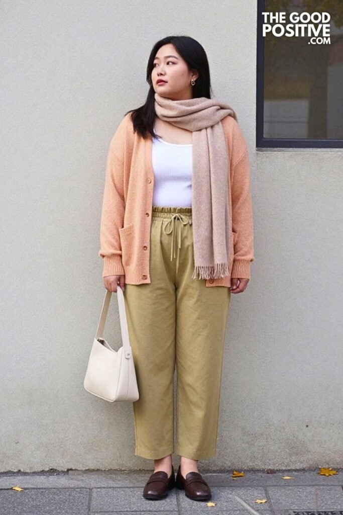 Soft Apricot Cardigan with Dusty Olive Paperbag Pants
