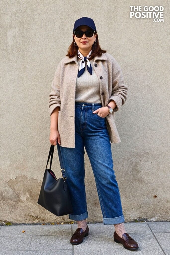 Soft Boucle Jacket with Denim Pull On Trousers and Penny Loafers