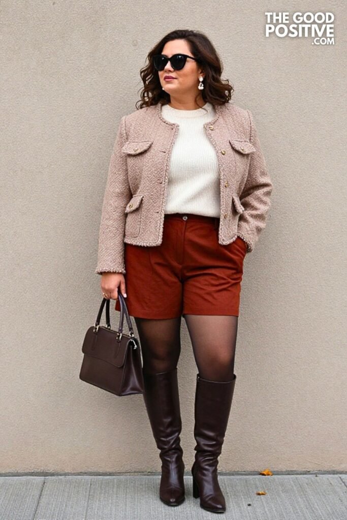 Soft Mocha Bouclé Jacket with Deep Rust Tailored Shorts