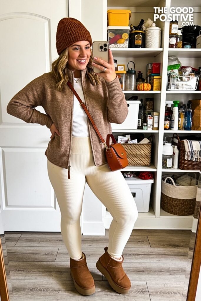 Soft Mocha Zip Cardigan With Cream Thermal Leggings