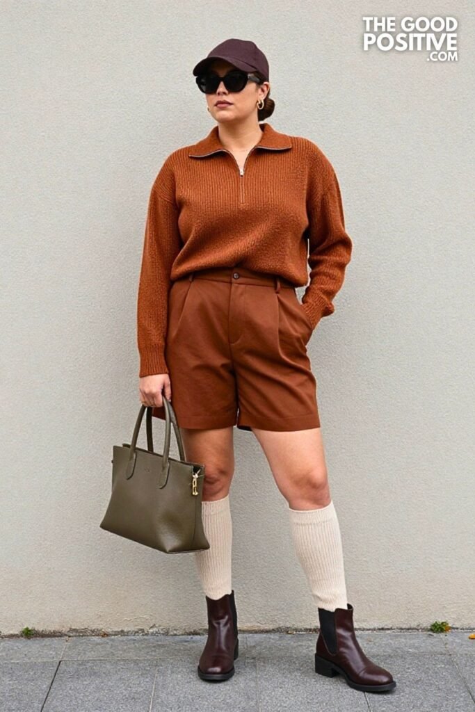 Soft Moss Knit Zip Polo with Cinnamon Tailored Shorts