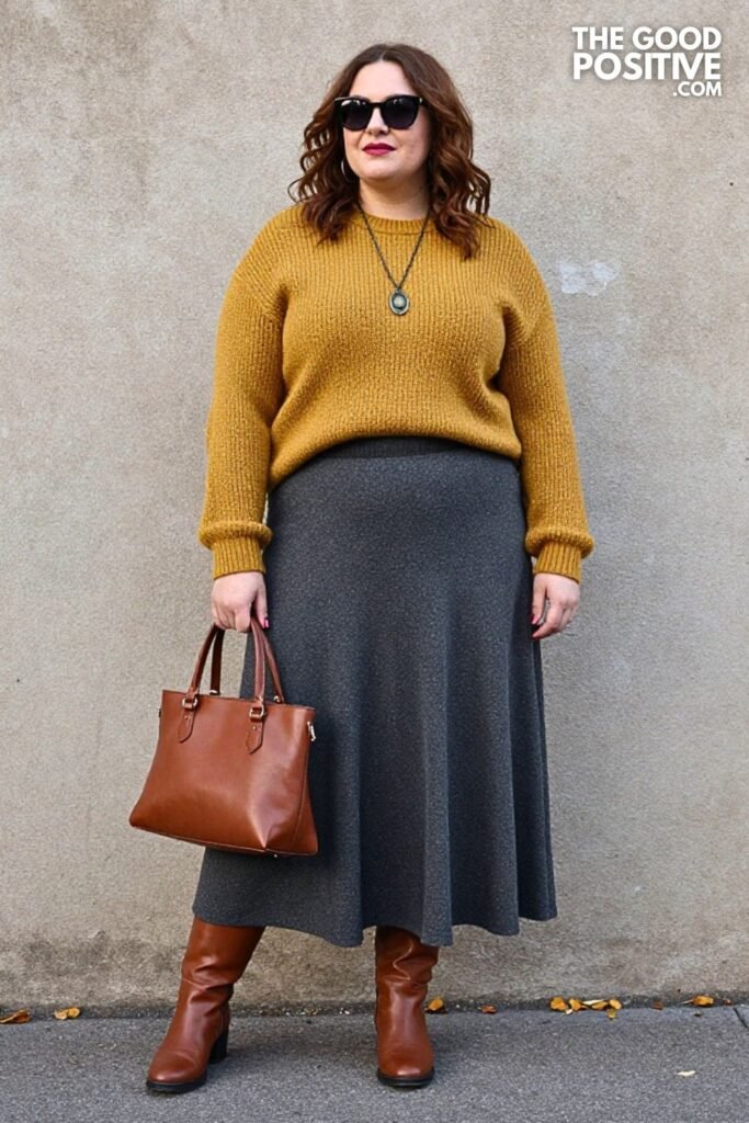 Soft Mustard Textured Knit with Charcoal Maxi Skirt