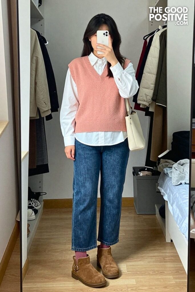 Soft Peach Knit Vest with Slate Blue Wide-Leg Jeans
