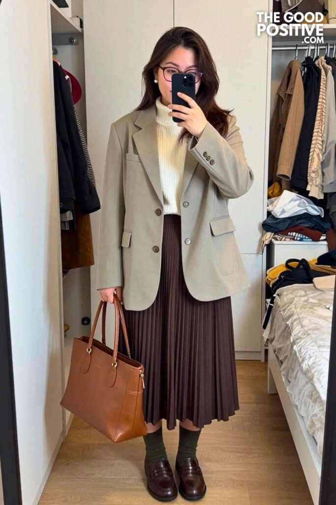 Soft Sage Blazer with Chocolate Midi Skirt Office Look