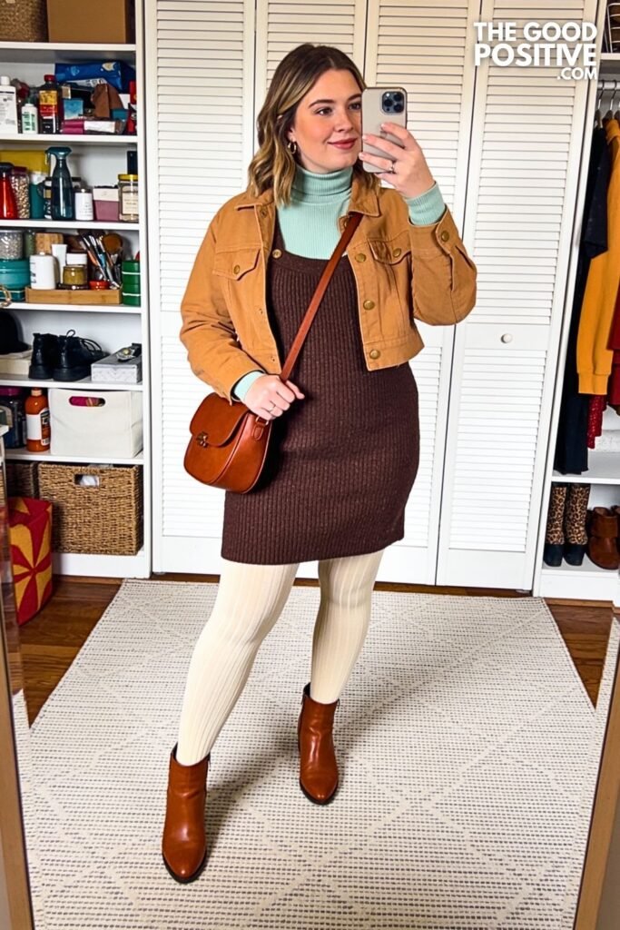 Soft Sage Turtleneck With Chocolate Knit Overall Dress