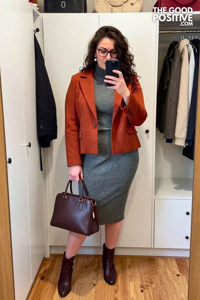 Soft Terracotta Jacket with Fog Gray Knit Dress