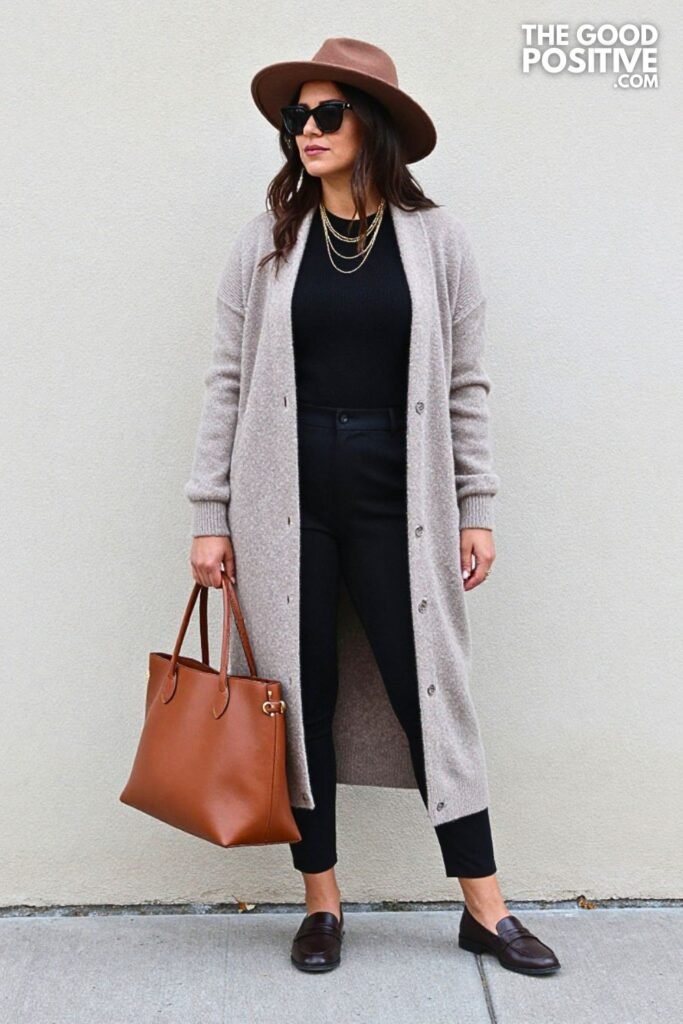Taupe Longline Cardigan with Black Tailored Knit Set