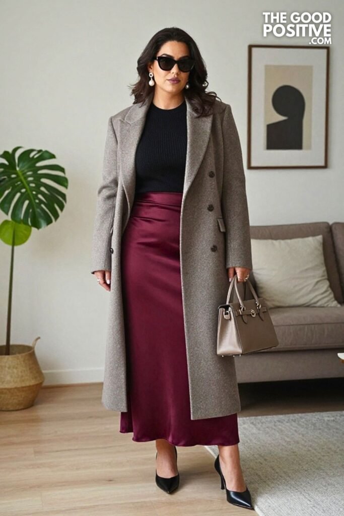 Taupe Longline Wool Blazer with Black Fine-Knit Top and Burgundy Satin Midi Skirt
