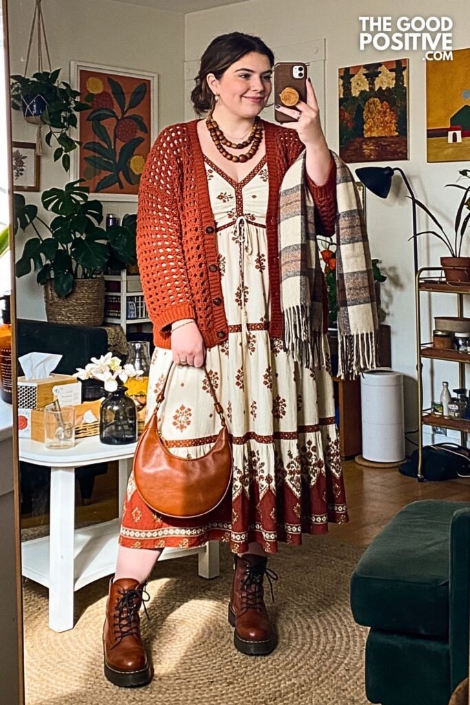 Terracotta Crochet Cardigan with Printed Hippie Dress
