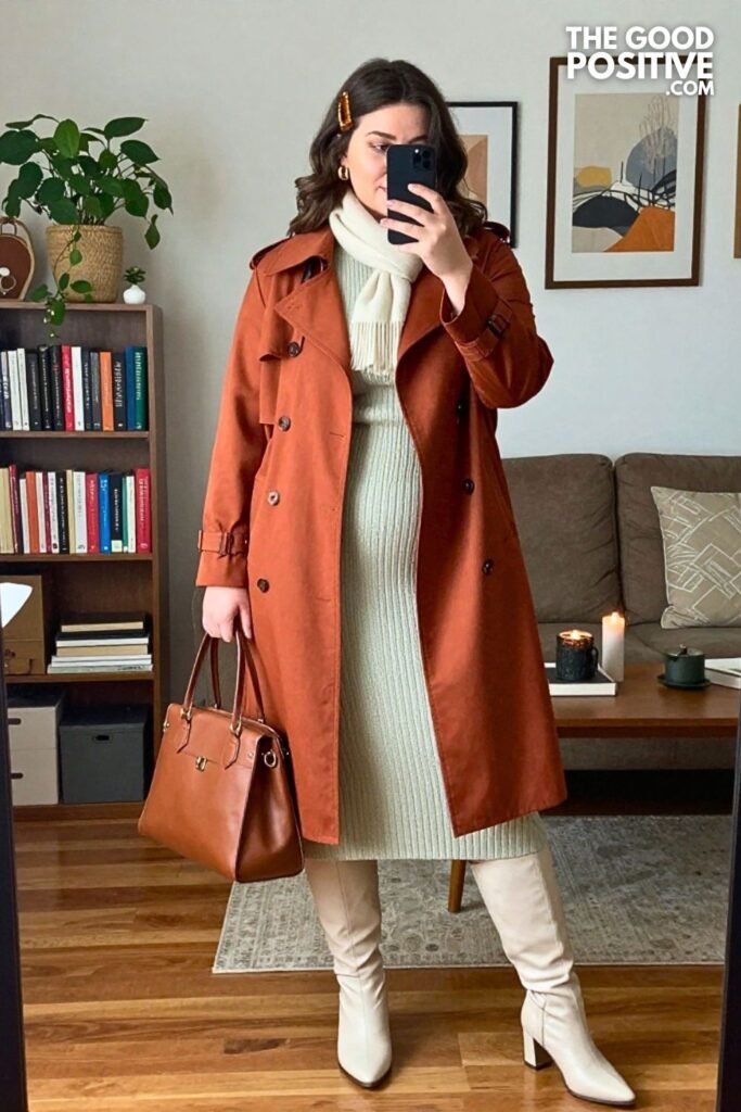 Terracotta Cropped Trench with Sage Knit Midi Dress