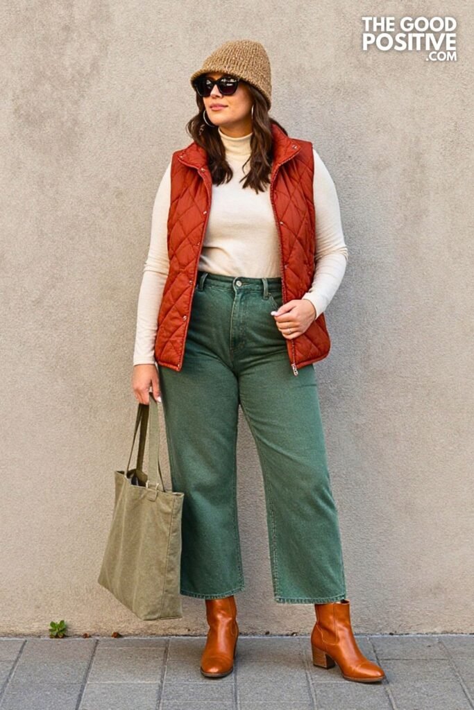 Terracotta Quilted Vest with Forest Green Wide-Leg Jeans
