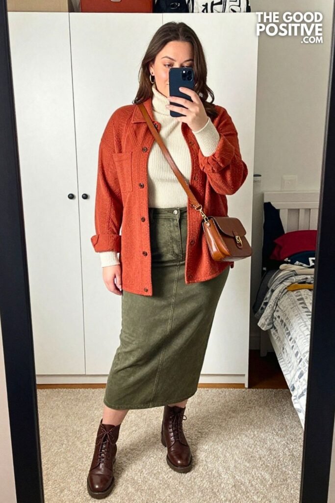Terracotta Shacket with Olive Denim Midi Skirt
