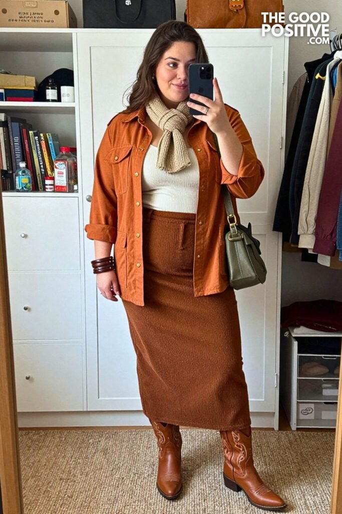 Terracotta Utility Shirt with Tobacco Maxi Skirt