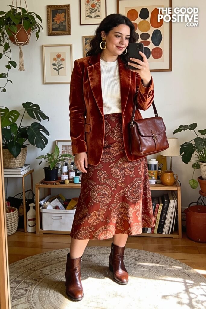 Terracotta Velvet Blazer with Paisley Midi Skirt and Leather Boots