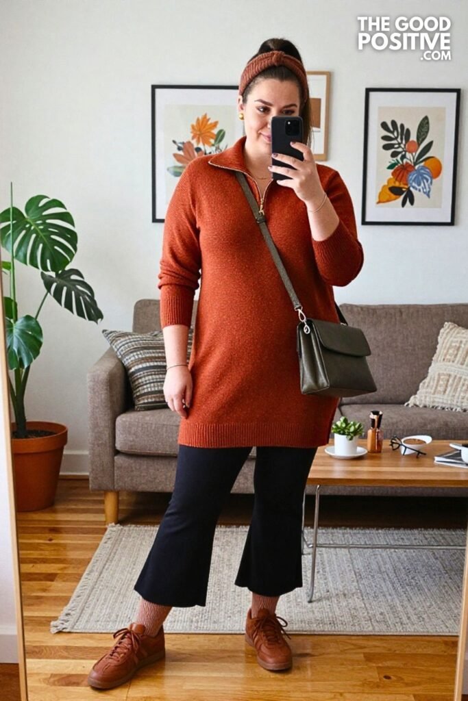 Terracotta Zip Sweater with Black Flared Leggings