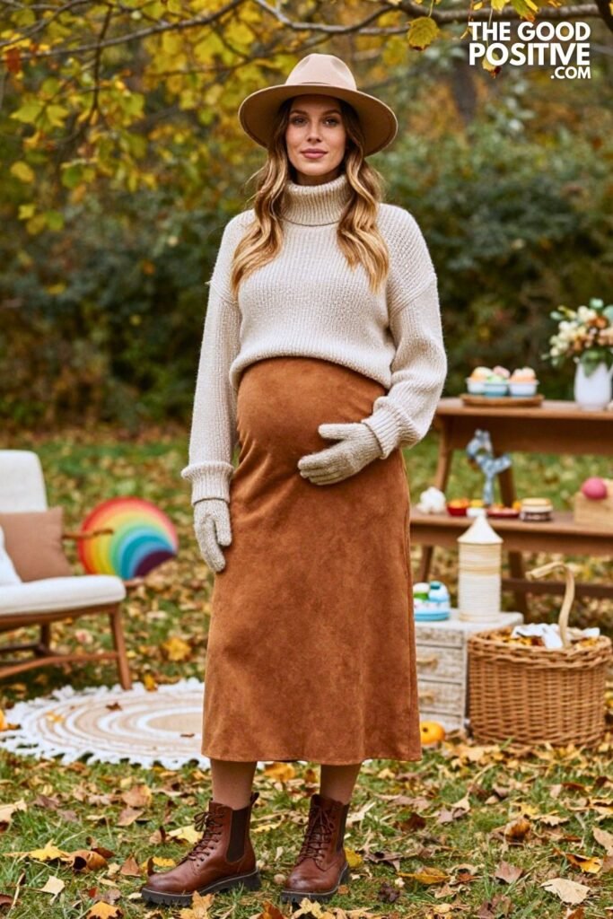 Textured Funnel Neck Sweater with Faux Suede A-Line Skirt and Hiking Chelsea Boots