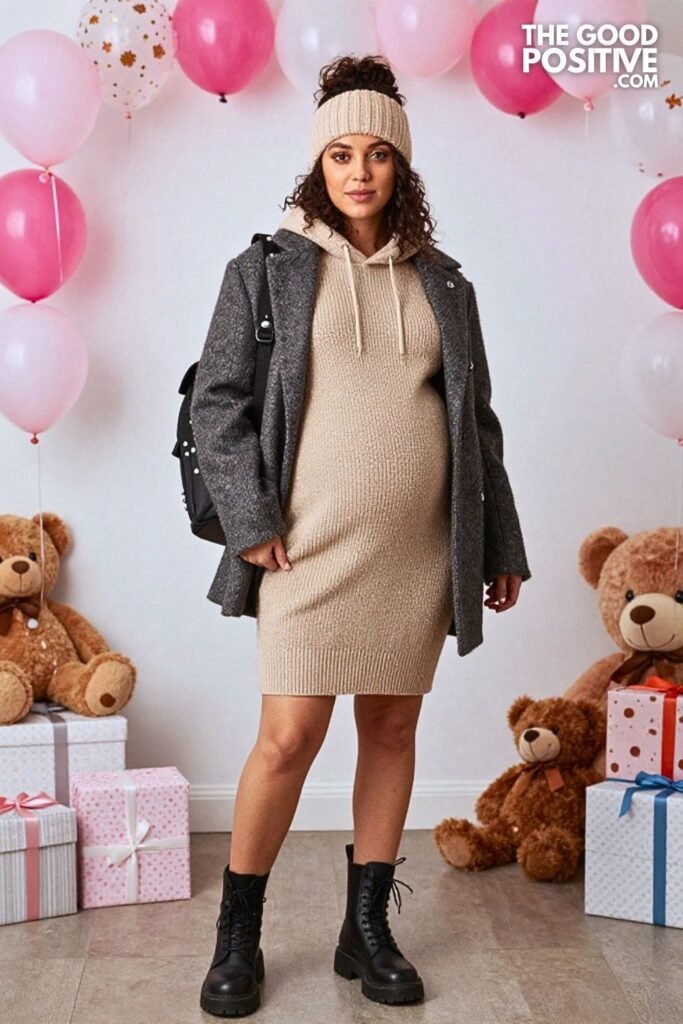 Textured Knit Hoodie with Wool Coat and Combat Boots