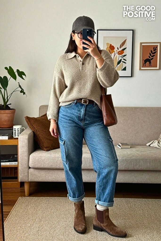 Textured Knit Polo With Relaxed Carpenter Jeans