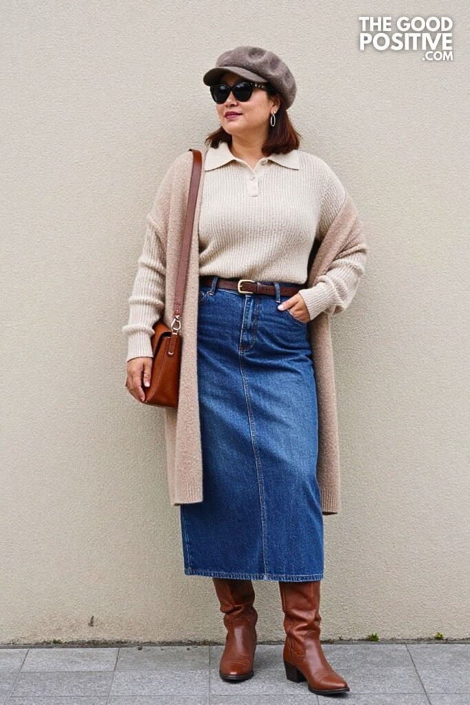 Textured Knit Polo with Pleated Denim Midi Skirt and Western Boots