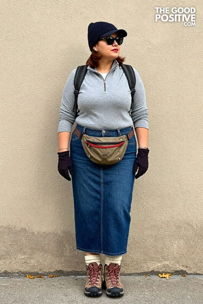 Thermal Quarter Zip with Stretch Denim Maxi Skirt and Hiking Boots