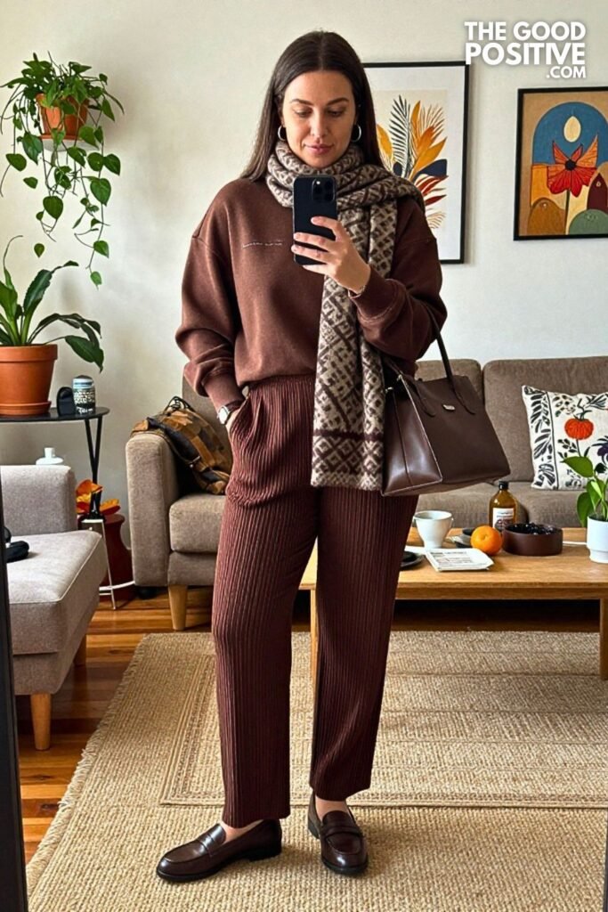 Toasted Almond Sweatshirt with Walnut Pleated Trousers