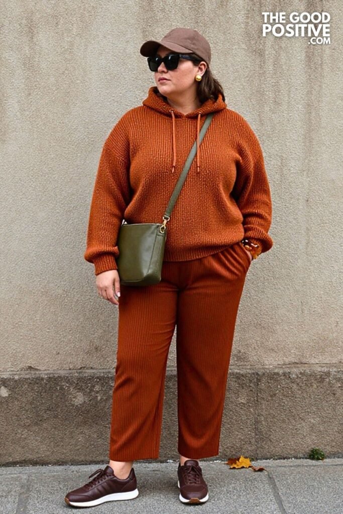 Toasted Pecan Knit Hoodie with Rust Pleated Trousers