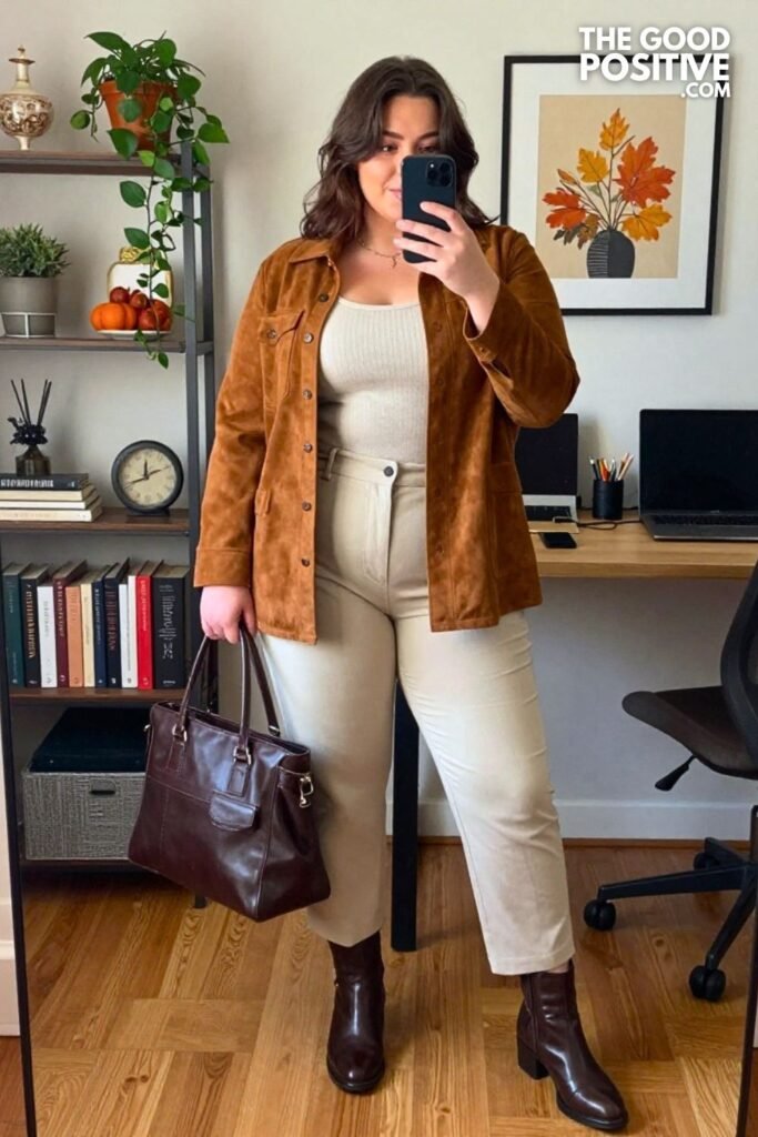 Tobacco Suede Overshirt with Ivory Knit Dress Pants