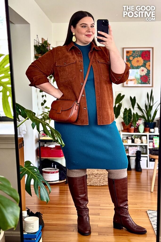 Tobacco Suede Shirt Jacket with Deep Teal Knit Dress