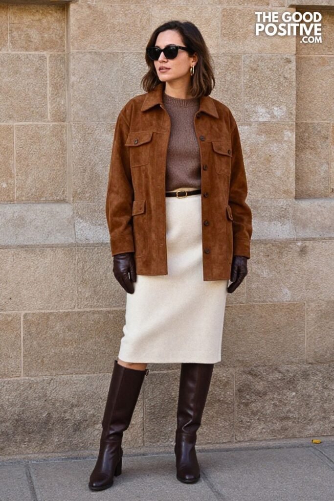Tobacco Suede Shirt Jacket with Ivory Wool Pencil Skirt