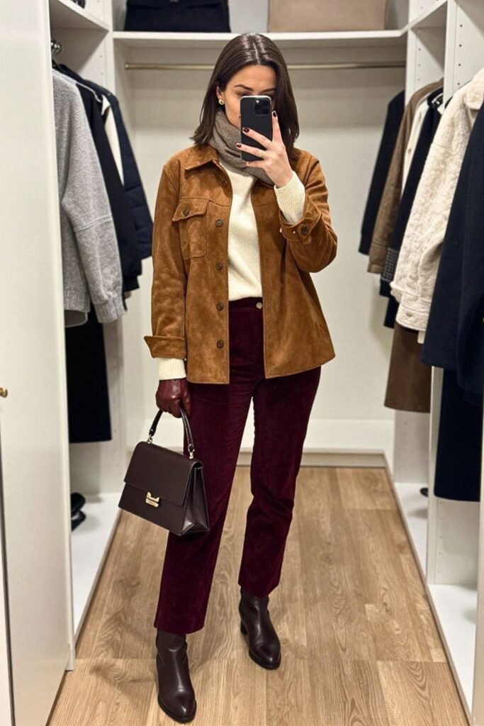 Tobacco Suede Shirt Jacket with Merlot Corduroy Trousers