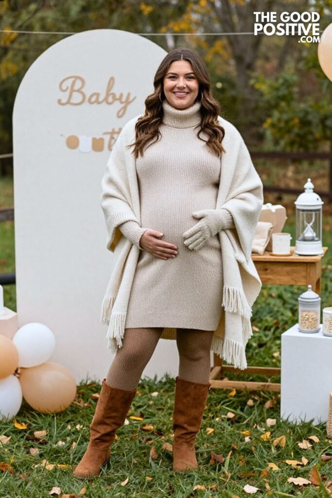Turtleneck Sweater Dress with Fringed Blanket Coat and Slouch Boots