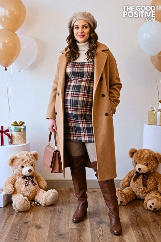 10. Turtleneck Sweater with Plaid Overall Dress and Tall Riding Boots