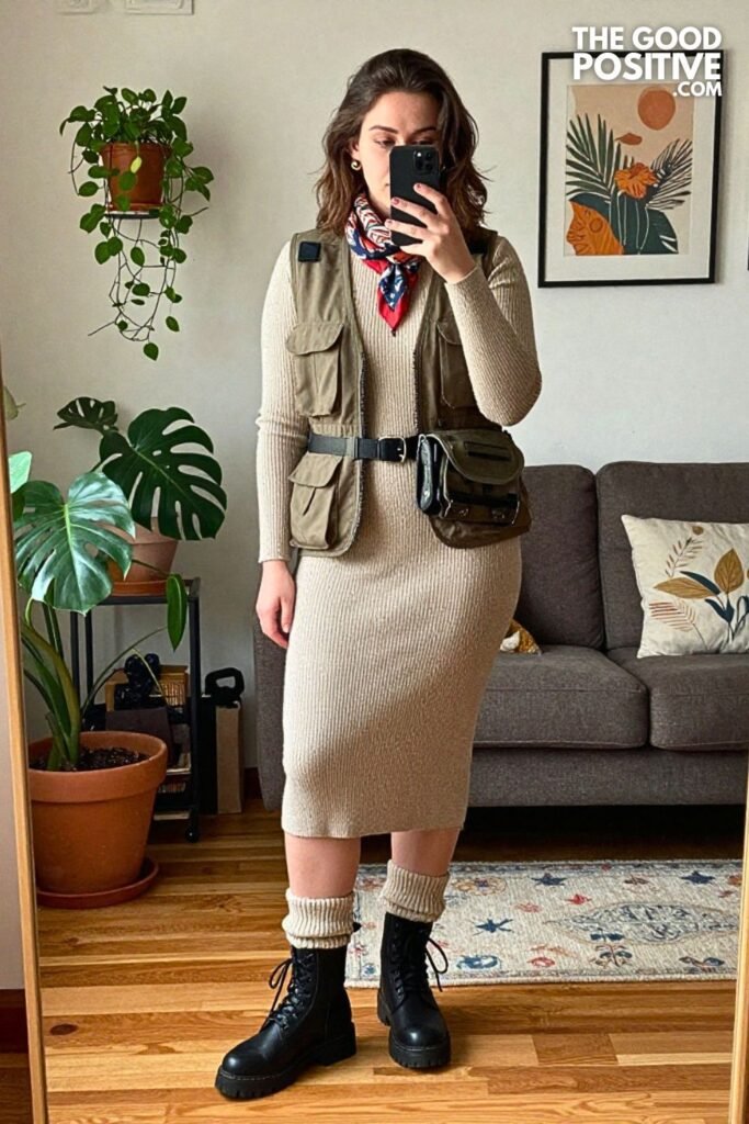 Utility Vest Layered Over Ribbed Knit Dress