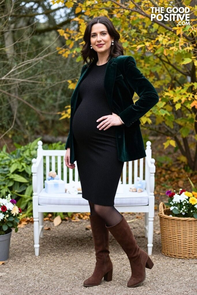 Velvet Blazer with Fine Rib Knit Dress and Block Heel Knee Boots