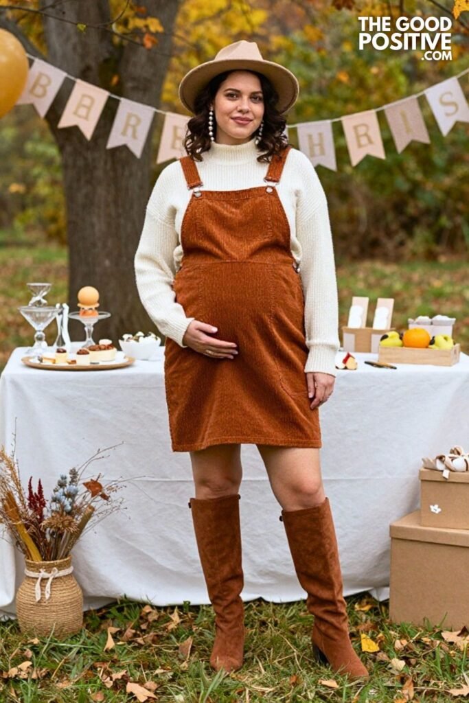 Velvet Trim Cardigan with Corduroy Overall Dress and Knee-High Boots