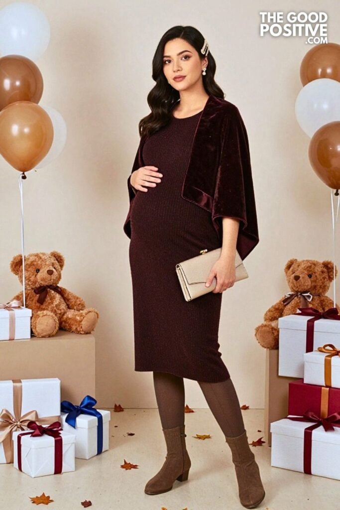 Velvet Trim Knit Dress with Cape Coat and Sock Boots