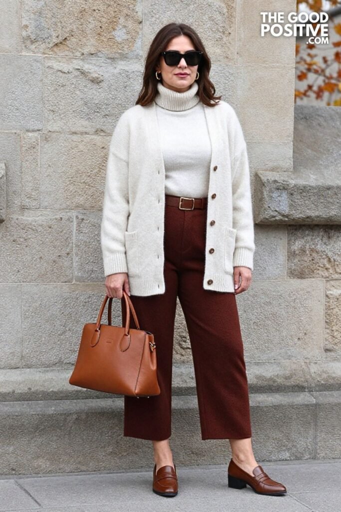 Walnut Cashmere Cardigan with Deep Rust Wool Palazzo Pants
