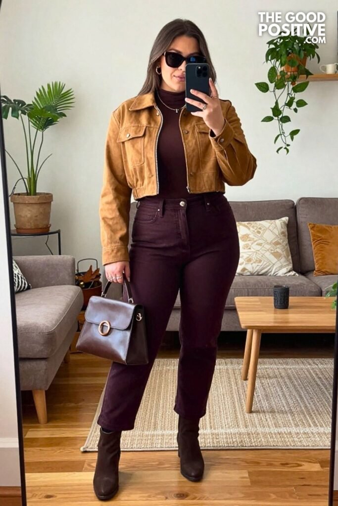 Walnut Cropped Jacket with Dark Plum Barrel Jeans